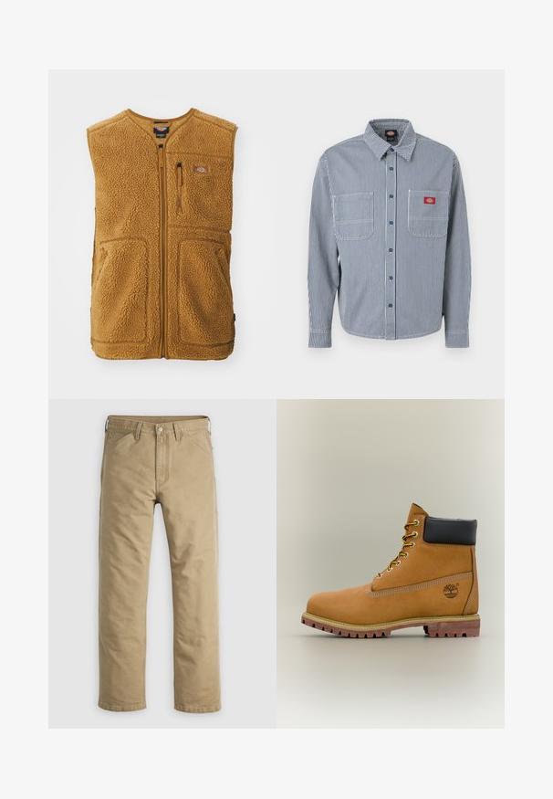 Braune Sherpa-Fleece-Weste mit Frontreißverschluss, drei Taschen und einem kleinen Logo-Patch auf der oberen linken Brust.; Langärmeliges Hemd zum Knöpfen mit blauen und weißen vertikalen Streifen, zwei Brusttaschen und einem roten Logoaufnäher auf der linken Tasche.; Khakifarbene Baumwollhose mit geradem Bein, Vordertaschen und Knopfverschluss. Glatte Textur und verstärkte Nähte für Langlebigkeit.; Brauner Leder-Stiefelette mit schwarzem Kragen, gelben Schnürsenkeln und hellbrauner Sohle. Verfügt über ein Logo und weiße Ziernähe. Robuste Profilsohle.
