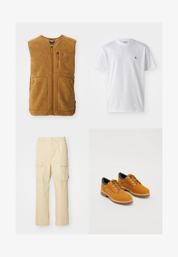 Brun sherpa fleece vest med frontlynlås, tre lommer og et lille logo-patch på øverste venstre bryst.; Hvid bomulds t-shirt med korte ærmer, rund hals og et lille guld logo på venstre brystområde. Blød tekstur og almindelig pasform.; Beige cargo bukser lavet af stof med elastisk talje og knaplukning. Har to sidelommer og et enkelt design.; Brune ruskindssko med rund tå, gule snørebånd, en polstret sort krave og gummisåler med skridsikre riller.