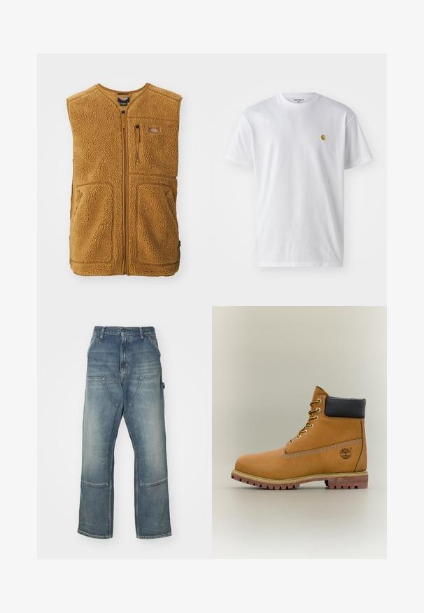 Braune Sherpa-Fleece-Weste mit Frontreißverschluss, drei Taschen und einem kleinen Logo-Patch auf der oberen linken Brust.; Weißes Baumwoll-T-Shirt mit kurzen Ärmeln, Rundhalsausschnitt, mit einem kleinen goldenen Logo im linken Brustbereich. Weicher Stoff und normale Passform.; Helle blaue Jeans mit lockerer Passform, aus Denim gefertigt. Merkmale sind weite Beine, große Fronttaschen und Kontrastnähte.; Brauner Leder-Stiefelette mit schwarzem Kragen, gelben Schnürsenkeln und hellbrauner Sohle. Verfügt über ein Logo und weiße Ziernähe. Robuste Profilsohle.