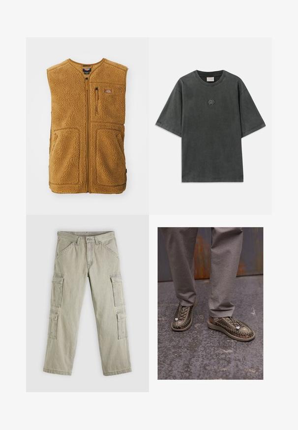 Brun sherpa fleece vest med frontlynlås, tre lommer og et lille logo-patch på øverste venstre bryst.; Mørkegrå oversized T-shirt med korte ærmer, rund halsudskæring og lille broderet knudedesign centreret på brystet.; Lysegrå cargobukser lavet af bomuld. Har flere sidelommer, lige ben og kontrasterende syninger. Lynlås og knaplukning foran.; Beige vævede sandaler med tykke såler, der har et indviklet snitmønster og hvide accentdetaljer, parret med grå ternede bukser.