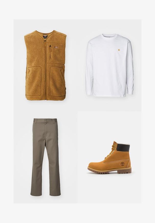 Brun sherpa fleece vest med frontlynlås, tre lommer og et lille logo-patch på øverste venstre bryst.; Hvid langærmet t-shirt lavet af bomuld. Har et lille gyldent logo på brystet og en rund halsudskæring. Enkel design og standard pasform.; Brune lige bukser med bæltestropper, frontlynlås og uden synlige lommer, præsenteret på en hvid baggrund.; Brune læder ankelstøvle med metaløjer, hvid pelsforing, sort polstret krave, robust sål og præget logo på siden.