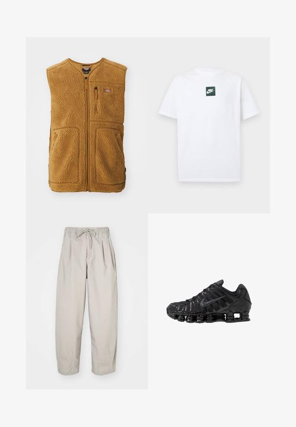 Brun sherpa fleece vest med frontlynlås, tre lommer og et lille logo-patch på øverste venstre bryst.; Hvid Nike T-shirt med korte ærmer og et lille grønt firkantet logo med Nike swoosh og tekst centreret på brystet.; Beige, lette bukser med elastisk talje og snor. Har plisseringer og en løs pasform, lavet af blødt, glat stof.; Sorte atletikskoser lavet af mesh og syntetiske materialer, med et karakteristisk bølget design, sort gummisål og reflekterende detaljer.
