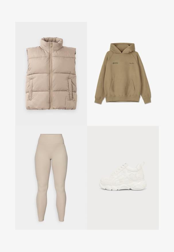 Beige polstret ærmeløs vest med høj krave, frontlynlås og to sidelommer, lagt fladt på en hvid baggrund.; Beige hættebluse i fleece materiale, med en frontlomme, ribbede mansjetter og broderede logoer på brystet.; Beige høj talje leggings med ribbet tekstur, der har en glat talje og tætsiddende ben, designet til komfort og fleksibilitet.; Hvide chunky sneakers med stjerneformede mønstre og tyk tekstureret sål, set fra ydersiden på en ensfarvet baggrund.