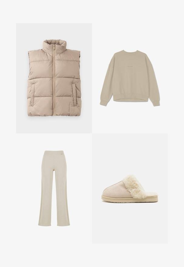 Beige gesteppte ärmellose Weste mit hohem Kragen, Frontreißverschluss und zwei Seitentaschen, flach auf einem weißen Hintergrund ausgelegt.; Beige Sweatshirt aus weichem Baumwollmaterial, mit Rundhalsausschnitt, überschnittenen Schultern und gerippten Bündchen, auf der Vorderseite mit dem Wort "PEGAADOR" bestickt.; Beige weite Hosen mit einer glatten Rippenstruktur, elastischem Bund und ohne sichtbare Verzierungen, bieten eine lässige Silhouette.; Bianco BIASWEETIE SLIPPER - Hausschuh - beige