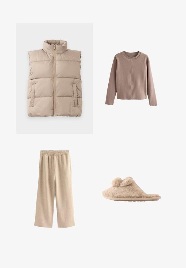 Beige gewatteerde mouwloze vest met hoge kraag, ritssluiting aan de voorkant en twee zijzakken, plat gelegd op een witte achtergrond.; Lichtbruine, korte trui van zachte stof, met een ronde ribbelboord en lange mouwen met een soepele textuur en minimale naden.; Beige wijde broek gemaakt van zachte stof, met een elastische tailleband met een trekkoord en een subtiele gespikkelde textuur.; Beige, pluizige instapslof met twee pompons bovenop en een platte zool, ontworpen voor binnenshuis gebruik.