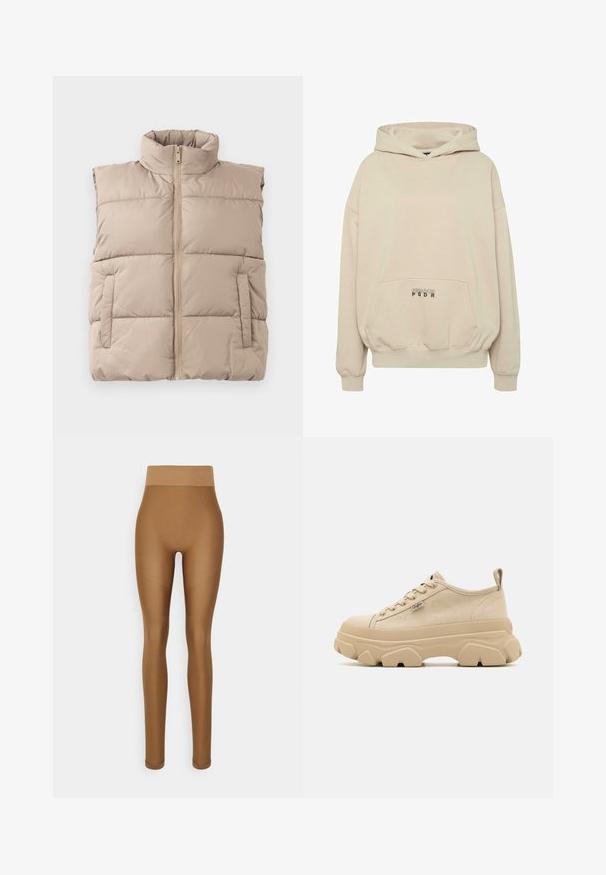 Beige gesteppte ärmellose Weste mit hohem Kragen, Frontreißverschluss und zwei Seitentaschen, flach auf einem weißen Hintergrund ausgelegt.; Beiger Hoodie mit Fronttasche, gerippten Bündchen und Kordelzugkapuze. "PECADOR PGDR" Schriftzug auf dem Taschenbereich.; Even&Odd active Leggings - brown; Beige Leinensneaker mit strukturiertem Obermaterial, dicken, klobigen Sohlen und Schnürdesign. Mit einer Zuglasche an der Ferse und einem kleinen Logodetail.