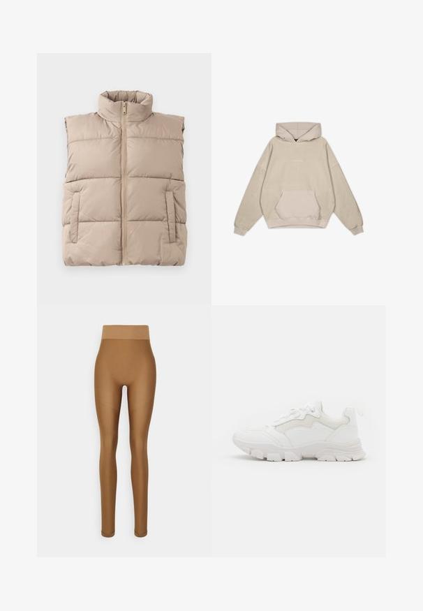Beige gesteppte ärmellose Weste mit hohem Kragen, Frontreißverschluss und zwei Seitentaschen, flach auf einem weißen Hintergrund ausgelegt.; Beige Kapuzenpullover mit lockerer Passform, Kängurutasche, gerippten Ärmeln und glatter Textur. Mit dezentem Logo-Detailing auf der Vorderseite.; Even&Odd active Leggings - brown; NA-KD CONTRAST SOLE TREKKING - Sneaker low - white