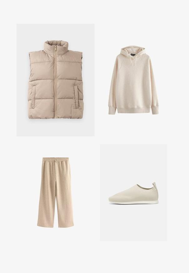 Beige gesteppte ärmellose Weste mit hohem Kragen, Frontreißverschluss und zwei Seitentaschen, flach auf einem weißen Hintergrund ausgelegt.; Beige Hoodie aus weichem Stoff mit einer geräumigen Kapuze, gerippten Bündchen und Saum sowie Raglanärmeln. Keine sichtbaren Muster oder Grafiken.; Cremefarbene Schlaghosen aus einem weichen Baumwollmix. Sie verfügen über einen elastischen Bund mit Kordelzug und einer dezenten gesprenkelten Textur.; Beige gestrickter Slipper mit niedrigem Profil, strukturiertem Obermaterial und flexibler Sohle. Verfügt über ein gewebtes Design um den Knöchel für zusätzlichen Komfort.