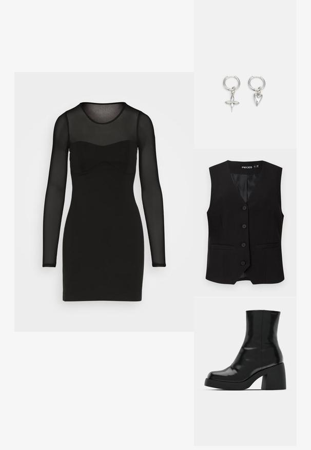 Čierna bezrukávová vesta na gombíky s výstrihom do V, dvoma prednými vreckami a hladkou vnútornou podšívkou, označená značkou "PIECES".; Abercrombie & Fitch PARTY PONTE STRAPLESS CORSET MINI - Koktailové šaty/večierkové šaty - black beauty; Čierne členkové topánky s lesklým povrchom, štvorcovou špičkou a širokým blokovým opätkom. Dizajn sa vyznačuje bezšvovou siluetou a minimálnym brandingom.; Strieborné kruhové náušnice s príveskom v tvare kríža a srdca. Hladký, lesklý povrch s lešteným dokončením. Každý prívesok visí na bezpečnej slučke.