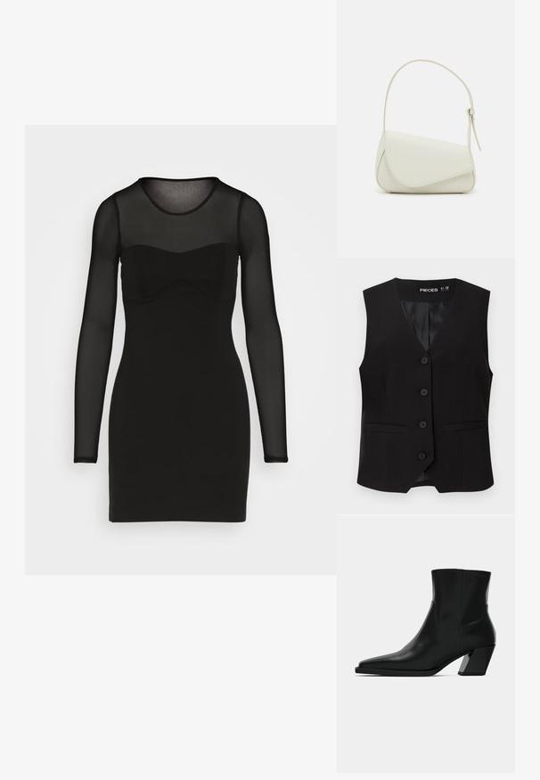 Čierna bezrukávová vesta na gombíky s výstrihom do V, dvoma prednými vreckami a hladkou vnútornou podšívkou, označená značkou "PIECES".; Abercrombie & Fitch PARTY PONTE STRAPLESS CORSET MINI - Koktailové šaty/večierkové šaty - black beauty; Čierna kožená členková topánka s špicatou špičkou, elegantným siluetou a masívnym štvorecovým podpätkom. Hladký povrch s minimálnymi švovými detailmi.; Biela kabelka z umelého kože so štruktúrovaným trojuholníkovým tvarom, jedným nastaviteľným popruhom a prekrytím so zakriveným akcentom.