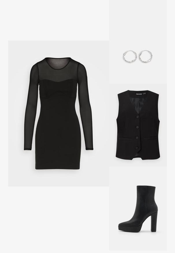 Čierna bezrukávová vesta na gombíky s výstrihom do V, dvoma prednými vreckami a hladkou vnútornou podšívkou, označená značkou "PIECES".; Abercrombie & Fitch PARTY PONTE STRAPLESS CORSET MINI - Koktailové šaty/večierkové šaty - black beauty; Čierna členková čižma z textúrovanej kože, vybavená špicatou špičkou, hrubou platformou a vysokým blokovým podpätkom. Hladký povrch, minimálne zdobenie.; Strieborné kruhové náušnice s vlnitou, nepravidelnou textúrou. Majú tenký, kruhový tvar a reflektujúci povrch.