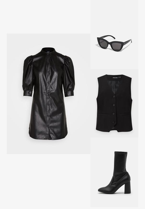 Veste sans manches noire boutonnée avec col en V, deux poches avant passepoilées, et une doublure intérieure lisse, étiquetée "PIECES".; GAP PUFF SHIRTDRESS - Robe chemise - black; Bottine noire en cuir texturé, avec un bout pointu et un large talon haut. Le design comprend une tige ajustée avec une couture subtile.; Lunettes de soleil noires en forme d'œil de chat avec une finition mate, dotées de verres teintés gris, d'angles aigus et de branches élégantes. Nom de la marque visible sur la branche intérieure.