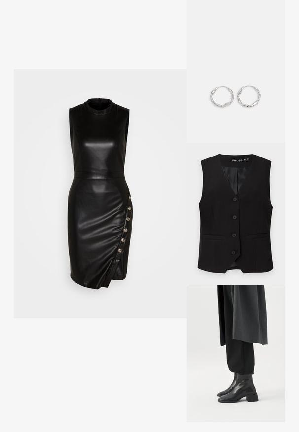 Veste sans manches noire boutonnée avec col en V, deux poches avant passepoilées, et une doublure intérieure lisse, étiquetée "PIECES".; Robe sans manches en cuir noir avec un col haut, une silhouette ajustée, un ourlet asymétrique et des boutons décoratifs le long de la couture latérale.; Bottines en cuir noir à talons blocs bas portées avec un pantalon noir et un long manteau gris foncé.; Boucles d'oreilles en argent en forme de créole, avec une texture ondulante et irrégulière. Présente une forme circulaire mince et une finition réfléchissante.