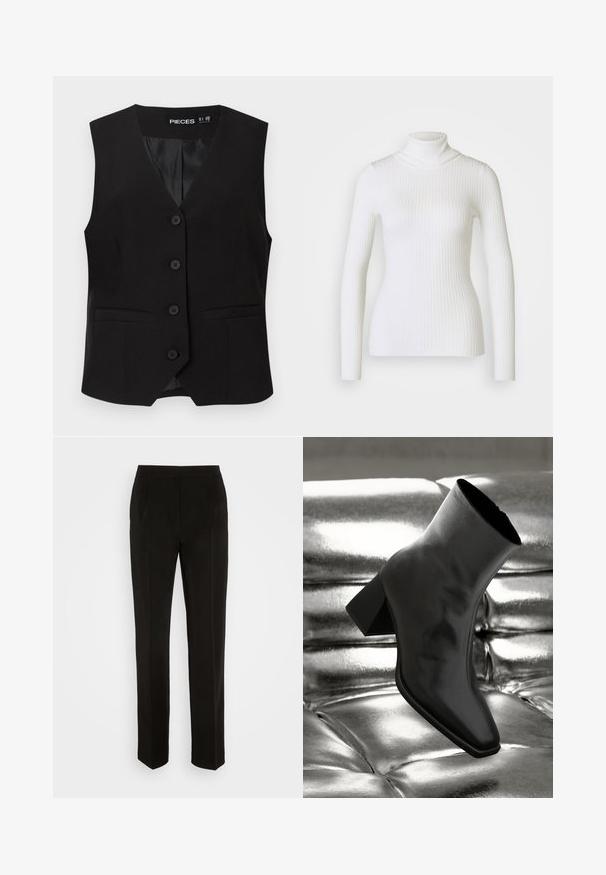 Sort ærmeløs vest med knapper og V-formet krave, to forlommer med kant og en glat inderforing, mærket "PIECES".; Hvid ribbet turtleneck sweater med lange ærmer, der har en tætsiddende design og blød tekstur. Flad krave og sømløst udseende.; Sorte bukser med skræddersyet design, lige ben, enkelt folder og lomme detaljer. Lavet af et glat, let materiale.; Sorte ankelstøvler lavet af glossy materiale med firkantet tå og spidse hæle, sat mod en skinnende sølv tuftet baggrund.