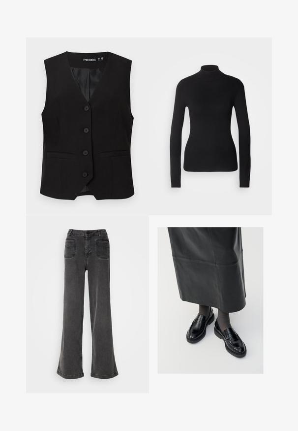 Veste sans manches noire boutonnée avec col en V, deux poches avant passepoilées, et une doublure intérieure lisse, étiquetée "PIECES".; Pull à col roulé noir en maille légère. Il possède des manches longues, une coupe ajustée et une texture côtelée douce.; Jean noir taille haute à jambes larges en denim, avec une fermeture à bouton, des passants de ceinture et deux poches arrière avec des accents cousus.; Mocassins en cuir noir avec une finition lisse, ornés d'une bande décorative, à bout rond et avec une semelle texturée. Portés avec une longue jupe en cuir noir.