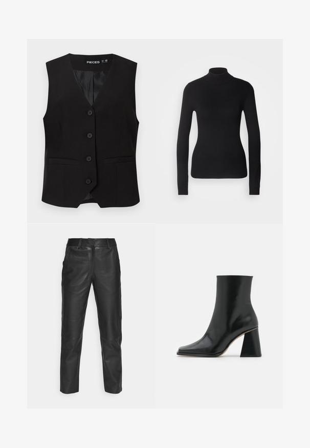 Veste sans manches noire boutonnée avec col en V, deux poches avant passepoilées, et une doublure intérieure lisse, étiquetée "PIECES".; Pull à col roulé noir en maille légère. Il possède des manches longues, une coupe ajustée et une texture côtelée douce.; Pantalon en cuir noir avec une coupe droite, texture lisse et passants de ceinture. Pas de motifs ni de détails en métal visibles.; Bottine en cuir noir avec un design à bout carré et un talon épais et texturé. Surface lisse sans quincaillerie ou motifs visibles.