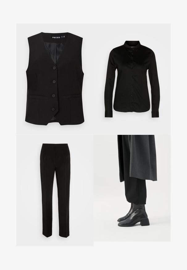 Veste sans manches noire boutonnée avec col en V, deux poches avant passepoilées, et une doublure intérieure lisse, étiquetée "PIECES".; Chemise noire à manches longues avec col classique, fabriquée en tissu lisse, dotée d'une rangée de boutons noirs et de poignets boutonnés.; Pantalon noir au design ajusté, jambes droites, plis simples et détails de poches. Fabriqué en tissu lisse et léger.; Bottines en cuir noir à talons blocs bas portées avec un pantalon noir et un long manteau gris foncé.