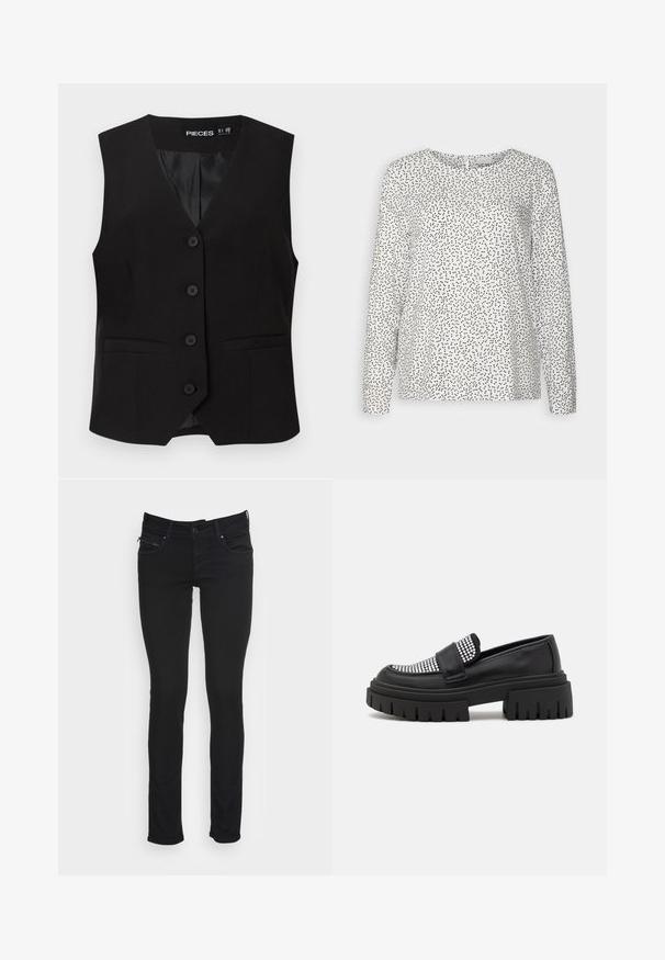Zwarte mouwloze button-down vest met V-halskraag, twee voorzakken met bies en een gladde binnenvoering, met het label "PIECES".; ICHI VERA - Blouse - cloud dancer/black; Zwarte slim-fit jeans met voorste knoop, ritssluiting, riemlussen en voor- en achterzakken op een witte achtergrond.; Zwarte instappers met een studs- bovenkant, voorzien van een chunky plateauzool en een geribbelde textuur. Gemaakt van glad leer en met een instapontwerp.