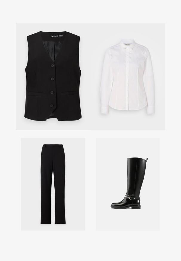 Veste sans manches noire boutonnée avec col en V, deux poches avant passepoilées, et une doublure intérieure lisse, étiquetée "PIECES".; Chemise blanche à boutons fabriquée en coton lisse, avec un col classique, des manches longues et un logo subtil sur la poitrine. Présente une fermeture à boutons sur le devant.; Pantalon habillé noir à jambe droite avec des passants pour ceinture et sans poches visibles, présenté sur un fond gris clair uni.; Bottes noires montantes en cuir verni, avec un détail de boucle argentée à la cheville et une conception à bout arrondi. Semelle plate.