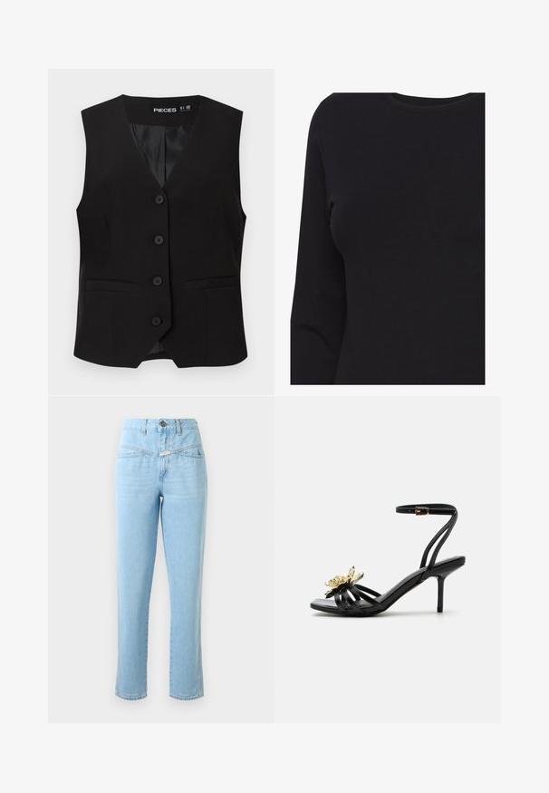 Zwarte mouwloze button-down vest met V-halskraag, twee voorzakken met bies en een gladde binnenvoering, met het label "PIECES".; Zwart shirt met lange mouwen en ronde hals, weergegeven op een torso zonder zichtbare logo's of patronen.; Hoge taille lichtblauwe denim jeans met voorzakken, knoop- en ritssluiting en rechte pijpen.; Zwarte sandaal met hoge hak en bandjes, enkelgesp en gouden metalen bloemdetail op het voorste bandje tegen een witte achtergrond.