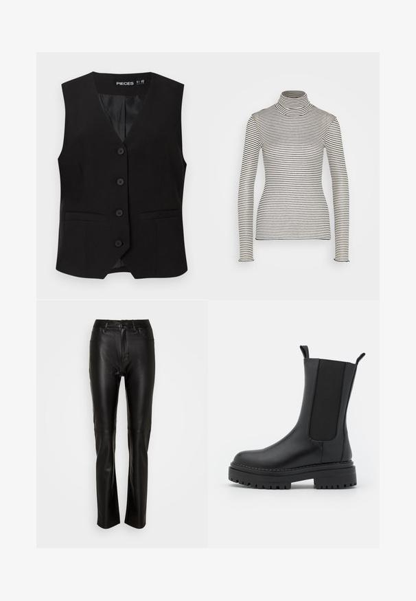 Zwarte mouwloze button-down vest met V-halskraag, twee voorzakken met bies en een gladde binnenvoering, met het label "PIECES".; Anna Field by Zalando Longsleeve - beige/black; Zwarte leren broek met een gladde textuur, slim fit en een standaard tailleband, voorzien van een knoopsluiting en twee voorzakken.; RAID CHERISH - Plateaulaarzen - black