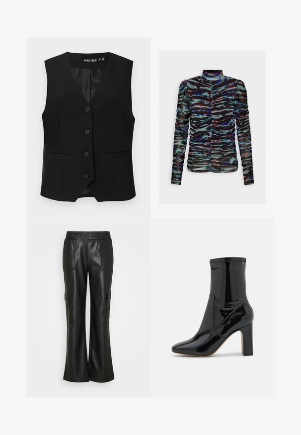 Sort ærmeløs vest med knapper og V-formet krave, to forlommer med kant og en glat inderforing, mærket "PIECES".; Object OBJTRINA - Langærmet T-shirt - black/clematis blue; Gina Tricot TROUSERS - Cargobukser - black; Call it Spring Støvletter - black