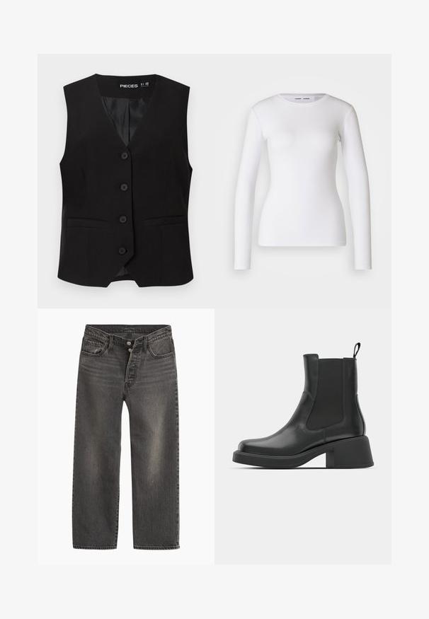 Veste sans manches noire boutonnée avec col en V, deux poches avant passepoilées, et une doublure intérieure lisse, étiquetée "PIECES".; Chemise blanche à manches longues en tissu côtelé, avec un col rond et une coupe cintrée. Aucun motif ni accent présent.; Jeans en denim noir avec une coupe droite, taille haute et braguette à boutons. Présente un léger effet délavé et des coutures contrastantes.; Bottines en cuir noir avec des panneaux élastiques sur les côtés, un bout rond et un talon épais. Texture lisse avec un design minimaliste.