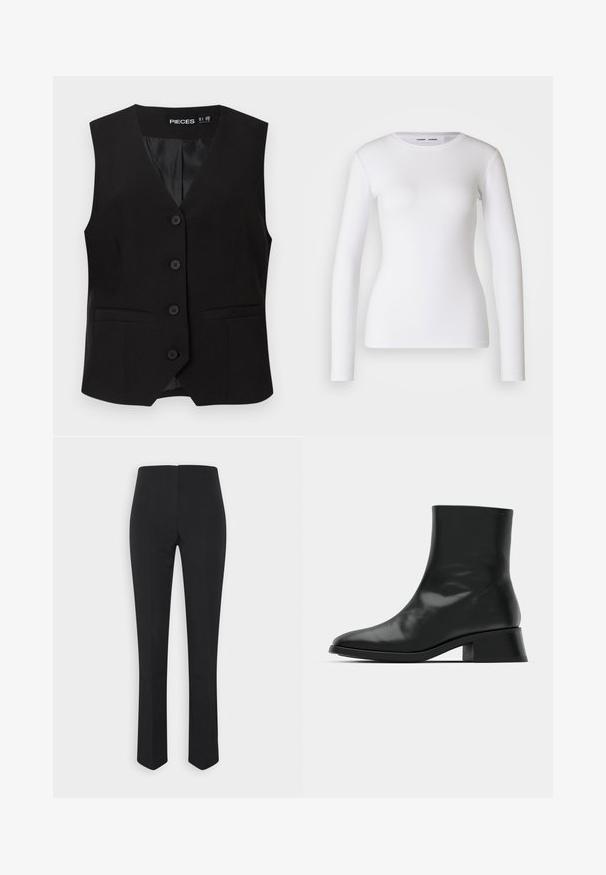 Zwarte mouwloze button-down vest met V-halskraag, twee voorzakken met bies en een gladde binnenvoering, met het label "PIECES".; Witte longsleeve shirt van ribstof, met een ronde halslijn en een getailleerde vorm. Er zijn geen patronen of accenten aanwezig.; Vero Moda VMTALIVIA SOLID PANT - Broek - black; Zwarte enkelboot van glanzend leer, met een slank ontwerp, spitse neus en een gematigde blokhak voor stabiliteit.
