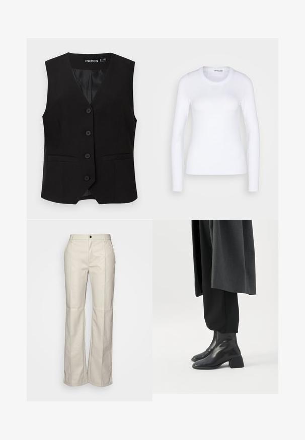 Veste sans manches noire boutonnée avec col en V, deux poches avant passepoilées, et une doublure intérieure lisse, étiquetée "PIECES".; Selected SLFDIANNA O NECK - T-shirt à manches longues - bright white; Noisy May NMLUKE STRAIGHT FRONT DETAIL PU PANT - Pantalon classique - pumice stone; Bottines en cuir noir à talons blocs bas portées avec un pantalon noir et un long manteau gris foncé.