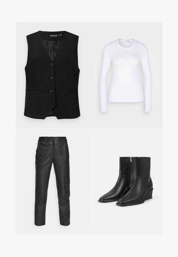 Sort ærmeløs vest med knapper og V-formet krave, to forlommer med kant og en glat inderforing, mærket "PIECES".; Selected SLFDIANNA O NECK - Langærmet T-shirt - bright white; Sorte læderbukser med lige ben, glat tekstur og bæltestropper. Ingen synlige mønstre eller metaldele.; Par sorte læderankelstøvler med spidse tæer, kilehæle og sidelukkede lynlåse på en ensartet lys baggrund.
