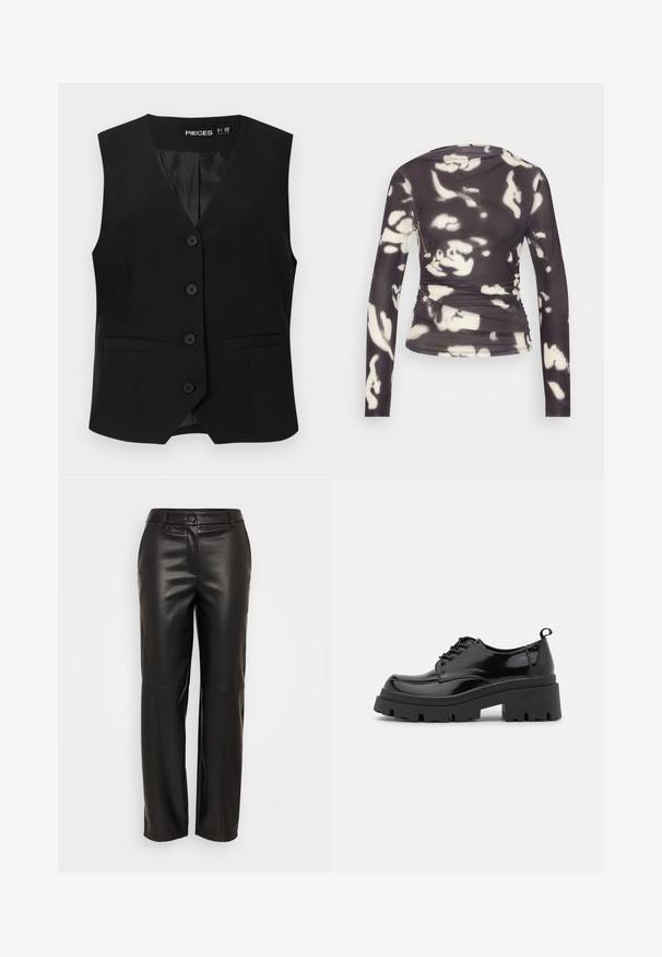 Sort ærmeløs vest med knapper og V-formet krave, to forlommer med kant og en glat inderforing, mærket "PIECES".; ONLY ONLPARIS RUCHING - Langærmet T-shirt - phantom/white; ONLY ONLCARLA - Bukser - black; Sorte patentlæder sko med en kraftig platformsål og tykke snørebånd. Runde tå, minimal detaljer og en lille hæltab bagpå.