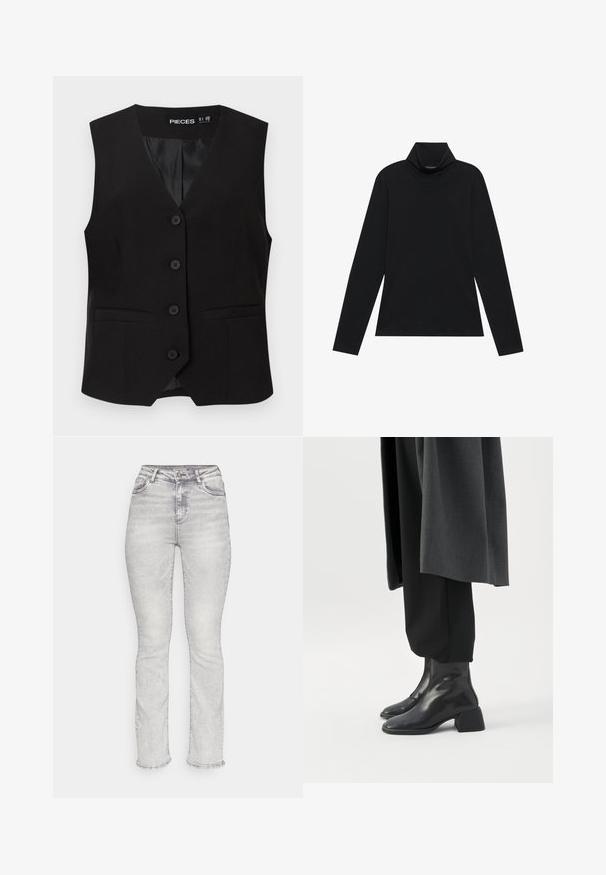 Veste sans manches noire boutonnée avec col en V, deux poches avant passepoilées, et une doublure intérieure lisse, étiquetée "PIECES".; Turtleneck à manches longues noir. Tissu doux, design près du corps, col montant et coutures latérales. Style simple et polyvalent, idéal pour le superposition.; Jean en denim gris clair avec une taille haute, une coupe droite, un design à cinq poches et des détails de décoloration subtils sur l'ensemble du tissu.; Bottines en cuir noir à talons blocs bas portées avec un pantalon noir et un long manteau gris foncé.