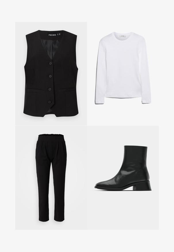 Zwarte mouwloze button-down vest met V-halskraag, twee voorzakken met bies en een gladde binnenvoering, met het label "PIECES".; Wit T-shirt met lange mouwen, gemaakt van ribgebreide katoen, met een ronde halslijn en een rechte zoom. Eenvoudig ontwerp zonder patronen of accenten.; Zwarte, hoge taillebroeken met een gerimpelde tailleband, gemaakt van een gladde, elastische stof en met rechte pijpen. Geen zichtbare patronen.; Zwarte enkelboot van glanzend leer, met een slank ontwerp, spitse neus en een gematigde blokhak voor stabiliteit.