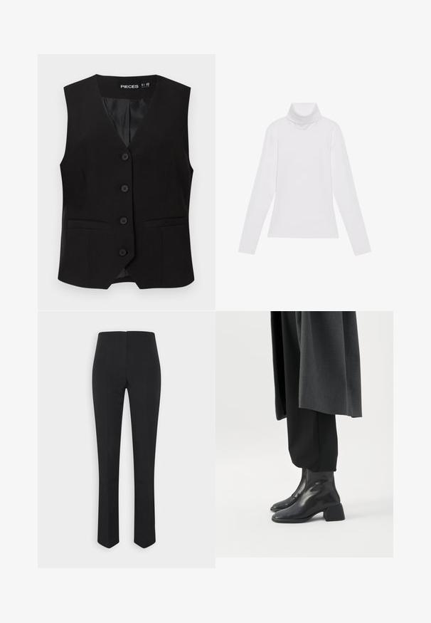 Veste sans manches noire boutonnée avec col en V, deux poches avant passepoilées, et une doublure intérieure lisse, étiquetée "PIECES".; Haut à col roulé à manches longues blanc, fabriqué en tissu lisse et extensible. Il présente un col haut et une coupe ajustée, sans motifs ni embellissements visibles.; Vero Moda VMTALIVIA SOLID PANT - Pantalon classique - black; Bottines en cuir noir à talons blocs bas portées avec un pantalon noir et un long manteau gris foncé.