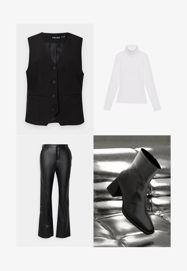Veste sans manches noire boutonnée avec col en V, deux poches avant passepoilées, et une doublure intérieure lisse, étiquetée "PIECES".; Haut à col roulé à manches longues blanc, fabriqué en tissu lisse et extensible. Il présente un col haut et une coupe ajustée, sans motifs ni embellissements visibles.; Pantalons évasés noirs en simili cuir avec une texture lisse, dotés d'une fermeture éclair, passants de ceinture et poches avant.; Botte noire à la cheville en matériau brillant avec un bout carré et un talon effilé, sur un fond argenté brillant et capitonné.