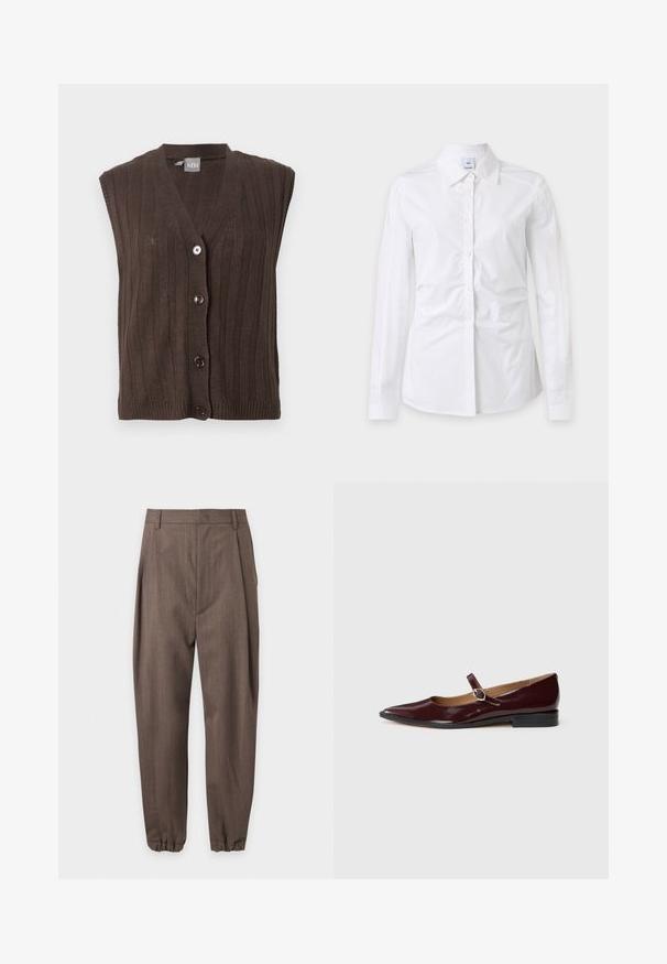 Gilet sans manches marron foncé en tricot avec côtes verticales et quatre boutons devant, avec un col en V et une petite étiquette de marque à l’intérieur du col.; Chemise blanche à manches longues avec boutons et col, tissu légèrement froissé et étiquette de marque visible à l'intérieur du col.; Pantalon marron sur mesure avec plis, passants pour ceinture et poignets élastiqués, présenté sur fond blanc.; Ballerines en cuir verni bordeaux de type Mary Jane avec un bout pointu, un talon plat et une sangle décorative avec une boucle circulaire.