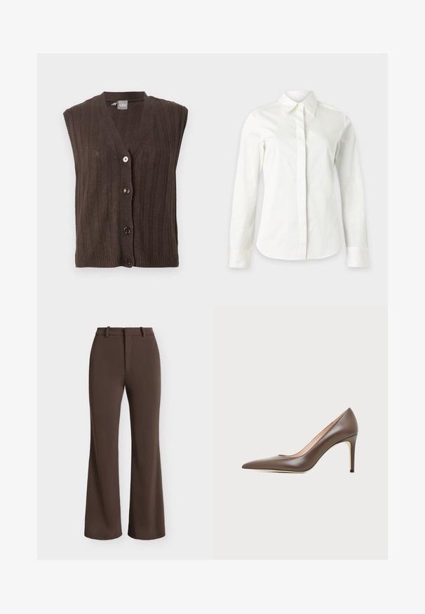 Gilet sans manches marron foncé en tricot avec côtes verticales et quatre boutons devant, avec un col en V et une petite étiquette de marque à l’intérieur du col.; Chemise blanche à manches longues avec boutons cachés, col pointu et coupe ajustée à la taille.; Pantalon marron droit avec passants de ceinture et fermeture éclair à l'avant, affiché sur un fond clair.; Chaussure à talon haut en cuir marron à bout pointu avec un talon aiguille fin et une finition lisse sur un fond clair.