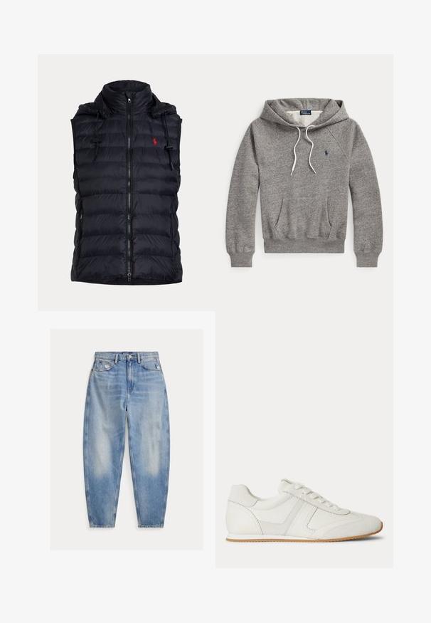 Sort quiltet vest uden ærmer med lynlås foran, snøretræk i hætten, sidelommer med lynlås og lille rødt broderet logo på brystet.; Grå hættetrøje med frontlomme, hvide snore, ribstrikkede manchetter og en lille mørkeblå Polo Ralph Lauren-logo på brystet.; Lyseblå cowboybukser med høj talje med let falmning og slid nær forlommerne, fem-lomme stil og tilspidsede ben.; Hvid lavtop sneaker med snørelukning foran, ruskind- og læderpaneler og en lysebrun gummisål på en hvid baggrund.