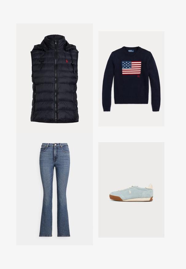 Veste sans manches matelassée noire avec fermeture éclair frontale, capuche à cordon, poches latérales zippées et petit logo rouge brodé sur la poitrine.; Pull en maille bleu marine avec un motif texturé du drapeau américain en rouge, blanc et bleu. Poignets et ourlet côtelés, avec le logo « RL » près de l'ourlet.; Jean en denim bleu évasé avec une taille haute, doté de cinq poches, de surpiqûres contrastantes et d'une texture lisse.; Baskets en daim bleu clair avec lacets beiges, semelle en caoutchouc marron et petit logo blanc brodé sur le côté, vues de profil.