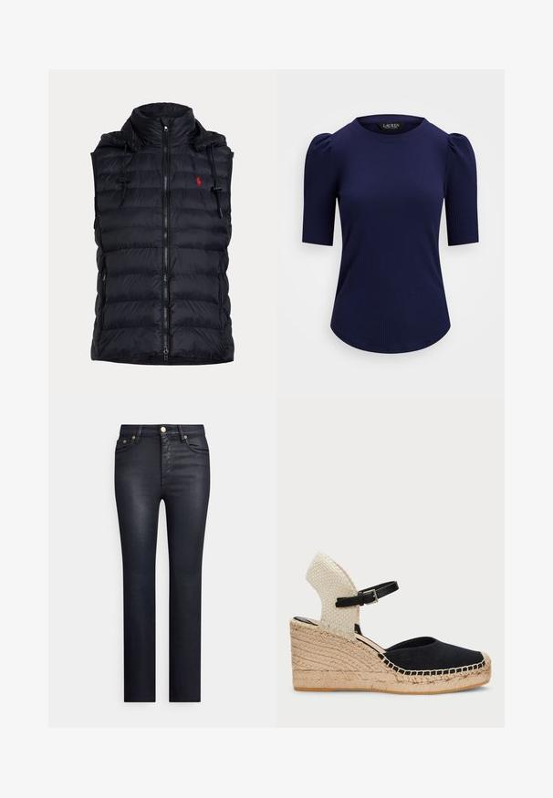 Mustast tikitud varrukateta kampsun ees lukuga, paeltega kapuuts, küljetaskud lukuga ja väike punane tikandiga logo rinnal.; Lauren Ralph Lauren COTTON BLEND RIB KNIT PUFF SLEEVE TEE - Lihtne T-särk - refined navy; Tumesinine teksapüksid nike lõikega, millel on kuldsed detailid, viis taskut ja sile tekstuur. Klassikaline disain sirgete säärtega.; Mustad mustrikangas espadrillid, millel on kootud beež pahklöök, jute-katetega keelekõrgus ja kummitald. Omab ümarat varvast ja kontrastset õmblust.