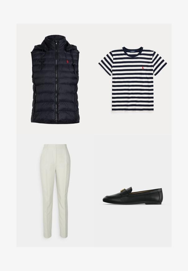 Veste sans manches matelassée noire avec fermeture éclair frontale, capuche à cordon, poches latérales zippées et petit logo rouge brodé sur la poitrine.; T-shirt à manches courtes rayé horizontalement bleu marine et blanc, col rond avec un petit logo rouge Polo Ralph Lauren sur la poitrine.; Pantalons ajustés de couleur crème avec une coupe droite, dotés de deux plis avant et de passants de ceinture, fabriqués à partir d'un tissu lisse et texturé.; Chaussure mocassin en cuir noir avec un détail boucle en métal doré sur le dessus, semelle plate et couture le long du bord supérieur.