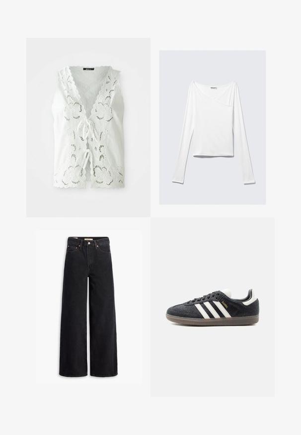 Blusa blanca sin mangas con recortes de encaje floral, bordes en forma de concha y dos cierres frontales de lazo, sobre un fondo liso.; Top blanco de manga larga con diseño cruzado y un bolsillo. Fabricado en una tela suave y elástica. Con un corte casual y relajado.; Jeans de pierna ancha negros hechos de denim, con cinco bolsillos, remaches de cobre y un cierre clásico de botón. Textura suave con un diseño limpio.; Zapatilla Adidas Samba negra con franjas blancas, suela de goma y texto dorado "Samba" en el lateral, vista de perfil izquierdo sobre fondo liso.