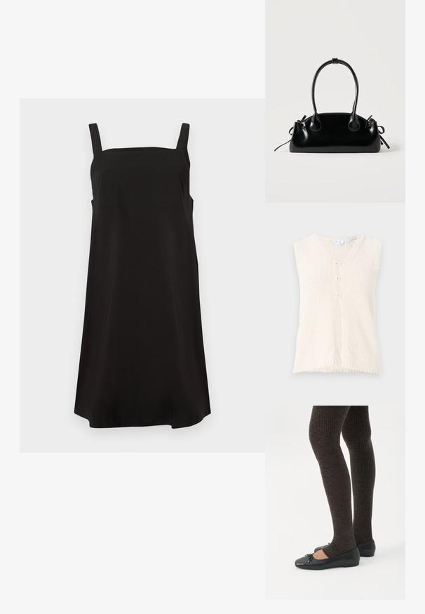 Chaleco sin mangas de color crema con escote en V, hecho de una tela texturizada, que cuenta con tres botones en la parte delantera y un dobladillo recto.; Vestido negro sin mangas con escote cuadrado, hecho de una tela suave, que presenta un corte suelto y recto. Sin patrones ni herrajes visibles.; Piernas con leggings oscuros acanalados combinados con bailarinas negras que presentan pequeños detalles de lazo sobre un fondo blanco.; Pequeño bolso negro brillante con dos asas largas y detalles de cordón lateral sobre un fondo claro liso.
