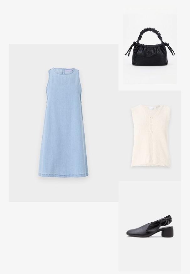 Chaleco sin mangas de color crema con escote en V, hecho de una tela texturizada, que cuenta con tres botones en la parte delantera y un dobladillo recto.; Vestido sin mangas de denim azul claro con cuello redondo. Presenta detalles en las costuras laterales y una silueta en A. Cierre de cremallera en la parte posterior.; Zapato slingback de cuero negro con puntera redondeada, detalle de tira anudada y tacón bajo y grueso sobre fondo blanco.; Bolso negro con textura de cocodrilo, borde superior fruncido, asa recogida y cordones con borlas en cada lado sobre un fondo blanco.