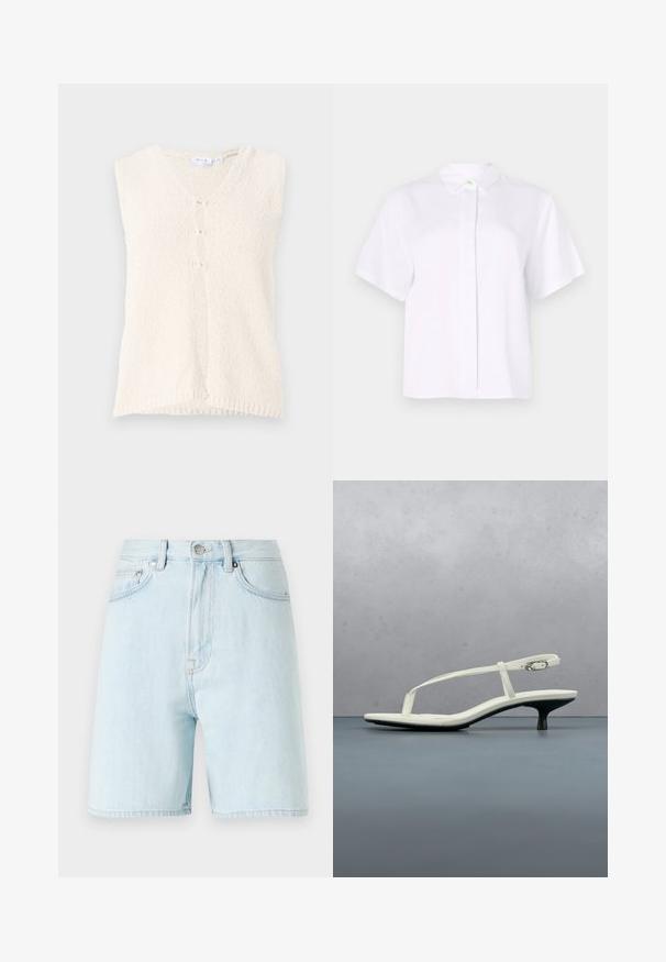 Chaleco sin mangas de color crema con escote en V, hecho de una tela texturizada, que cuenta con tres botones en la parte delantera y un dobladillo recto.; Camisa blanca de manga corta confeccionada en tela suave, con cuello puntiagudo y una botonera con un botón de acento verde.; Shorts de mezclilla azul claro con cintura alta, diseño de cinco bolsillos y cierre de botón de latón. Presenta costuras sutiles y bordes deshilachados.; Sandalia blanca de tacón kitten con tiras y punta afilada, flotando sobre un suelo de baldosas de madera al aire libre, con un fondo desenfocado de plantas y pared.