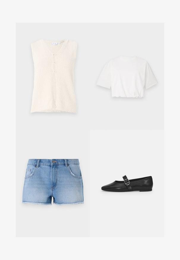 Chaleco sin mangas de color crema con escote en V, hecho de una tela texturizada, que cuenta con tres botones en la parte delantera y un dobladillo recto.; Camiseta blanca corta con mangas cortas abullonadas, cuello redondo y dobladillo inferior fruncido, fabricada en suave tela de algodón.; Pantalones cortos de mezclilla en azul claro, con dobladillo deshilachado, diseño de cinco bolsillos y cierre de botón de metal en la cintura.; Zapato plano de cuero negro con punta redondeada, una sola correa ajustable con hebilla y una textura suave y brillante. Diseño minimalista con un tacón bajo.