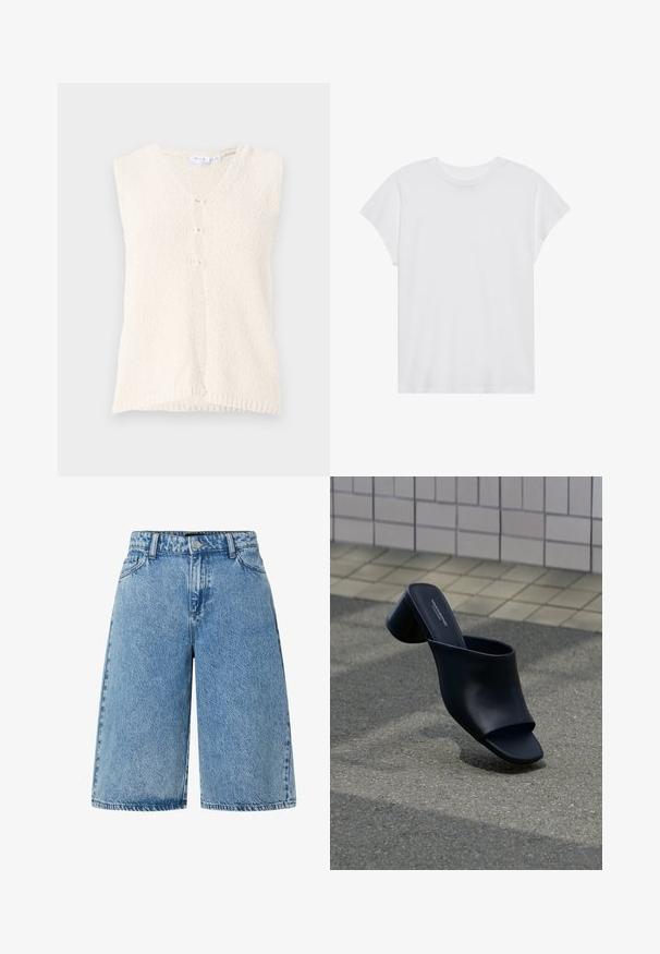 Chaleco sin mangas de color crema con escote en V, hecho de una tela texturizada, que cuenta con tres botones en la parte delantera y un dobladillo recto.; Camiseta blanca de manga corta con cuello redondo, corte relajado, hecha de suave tela de algodón. Textura lisa, sin estampados ni logotipos.; Pantalones cortos de mezclilla en azul claro, con un diseño de corte amplio, estilo estándar de cinco bolsillos y una tela texturizada con un acabado desgastado.; Mule de piel negra con punta abierta y tacón ancho, posicionado sobre asfalto cerca de una superficie de baldosas.