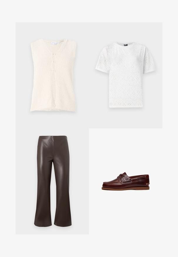 Chaleco sin mangas de color crema con escote en V, hecho de una tela texturizada, que cuenta con tres botones en la parte delantera y un dobladillo recto.; Camiseta de algodón blanca con un patrón perforado de formas curvas, manga corta y cuello redondo. Textura suave y corte holgado.; Pantalones acampanados de poliuretano marrón con cintura alta y textura suave, que presentan un diseño limpio y ajustado con aperturas de pierna anchas.; Zapato náutico de cuero marrón con cordones, detalles de costura y logo de Timberland en el lateral, mostrado sobre un fondo blanco.