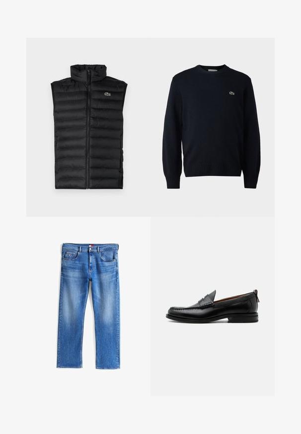 Sort dunvest med høj krave, lynlås lukning og vandrette paneler. Har et lille Lacoste krokodillelogo på brystet.; Marine crew-neck sweater lavet af blødt materiale, med ribbede manchetter og kant. Lille grønt Lacoste-logo på brystet.; Blå denim jeans med straight leg design, med front- og baglommer, sølvdetaljer og subtile falmninger langs stoffet.; Sort læder herre loafer med moc-tå syning, penny strop, struktureret krave og lav stablet hæl på hvid baggrund.