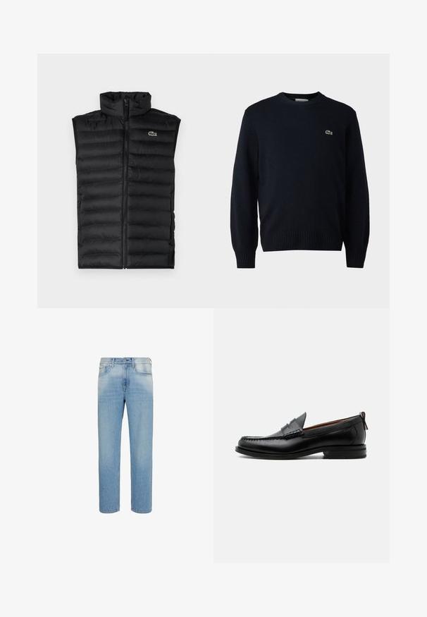 Mustad must vest, mille kõrge kaelusega, lukuga ja horisontaalsete paneelidega. Rinnal on väike Lacoste krokodilli logo.; Tumed crew-neck kampsun, mis on valmistatud pehmest materjalist, ribaga varrukate ja alläärge. Rindkere peal väike roheline Lacoste logo.; Hele sinised sirge säärega teksapüksid esitaskute, vööaasa ja nööpidega sulgemisega, valge tausta ees eksponeeritud.; Mustast nahast meeste mokasiin, millel on moc varbaõmblus, penny rihm, tekstuuriga krae ja madal virnastatud konts valgel taustal.